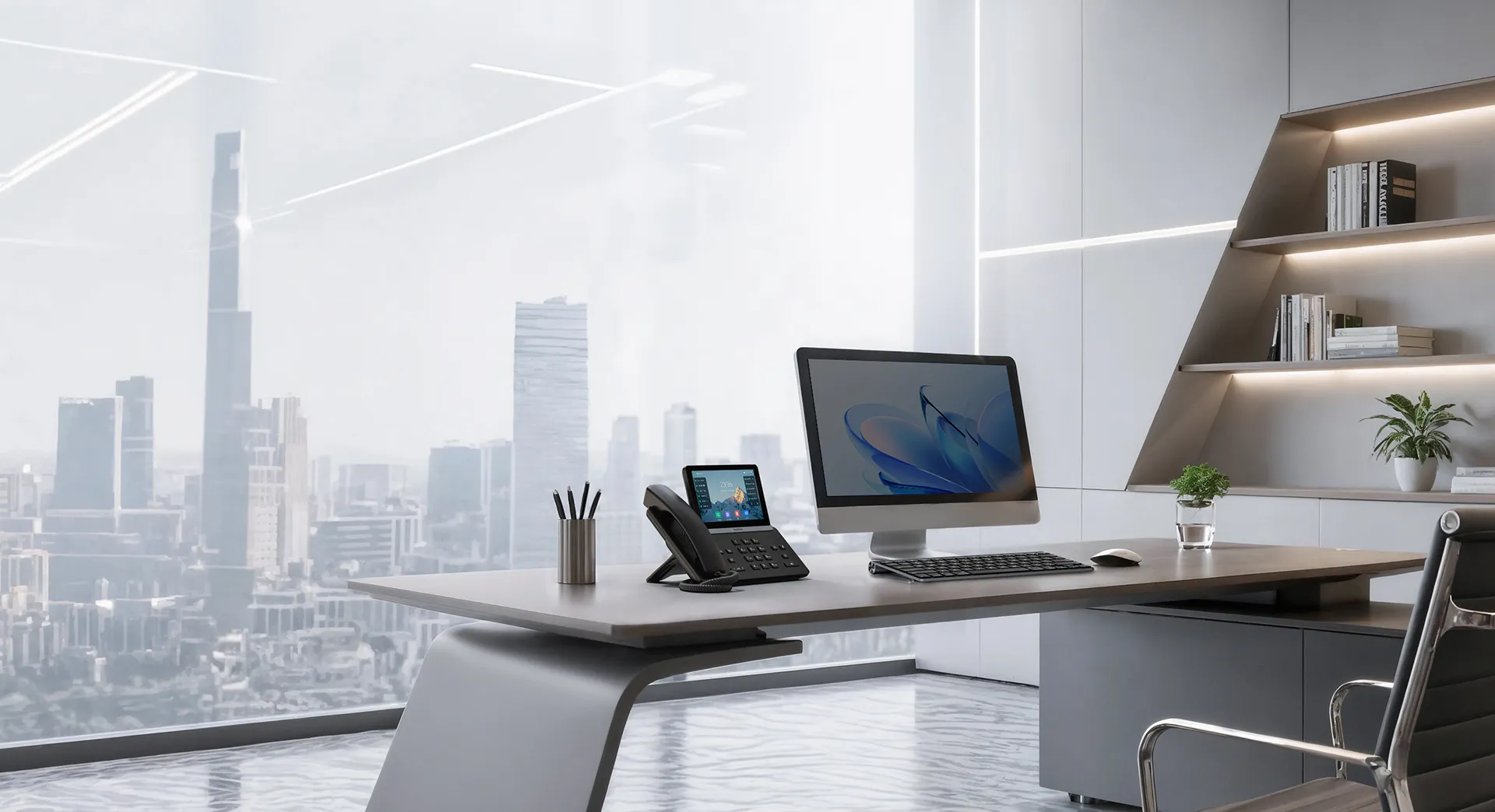 Téléphone IP Android Yealink T87W posé sur un bureau d’entreprise moderne