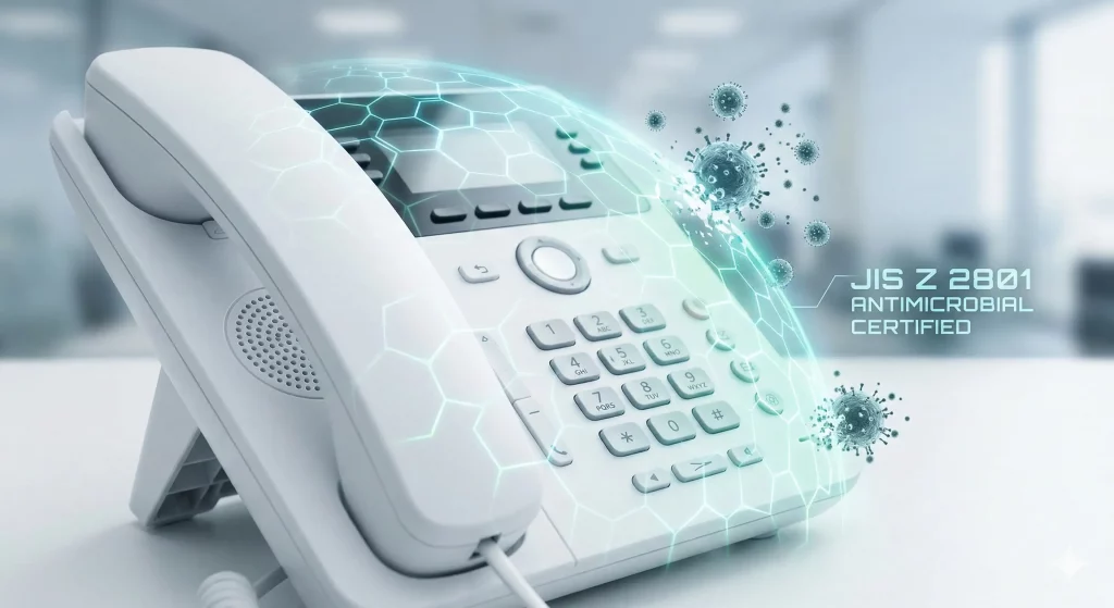 Un téléphone de bureau professionnel protégé par un bouclier technologique hexagonal bleu contre des bactéries, avec l'inscription JIS Z 2801 Antimicrobial Certified. Protection antibactérienne garantie